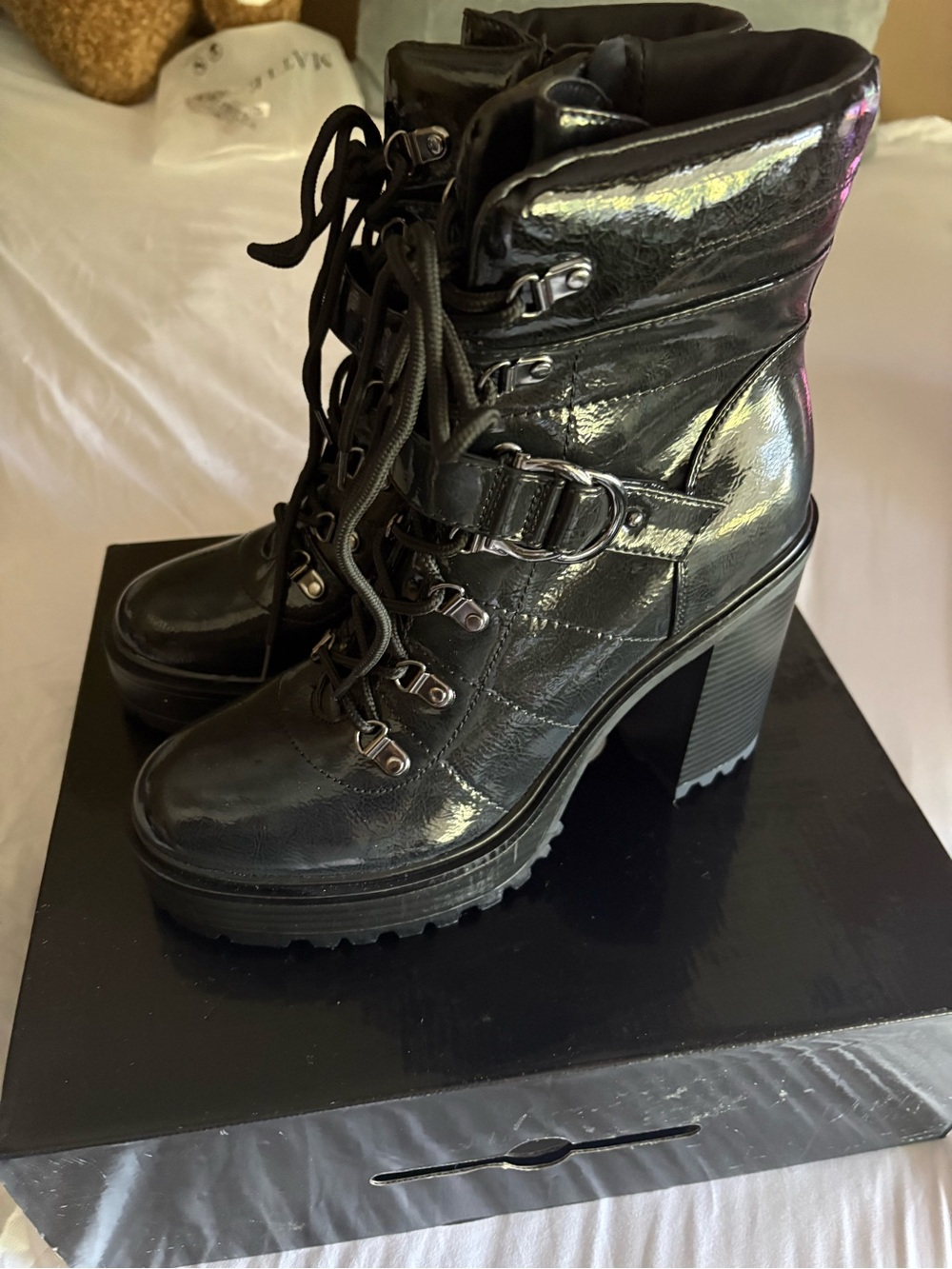 Guess-GBG- SELLUR Black Patent Lace-Up Platform Ankle Boots - Women